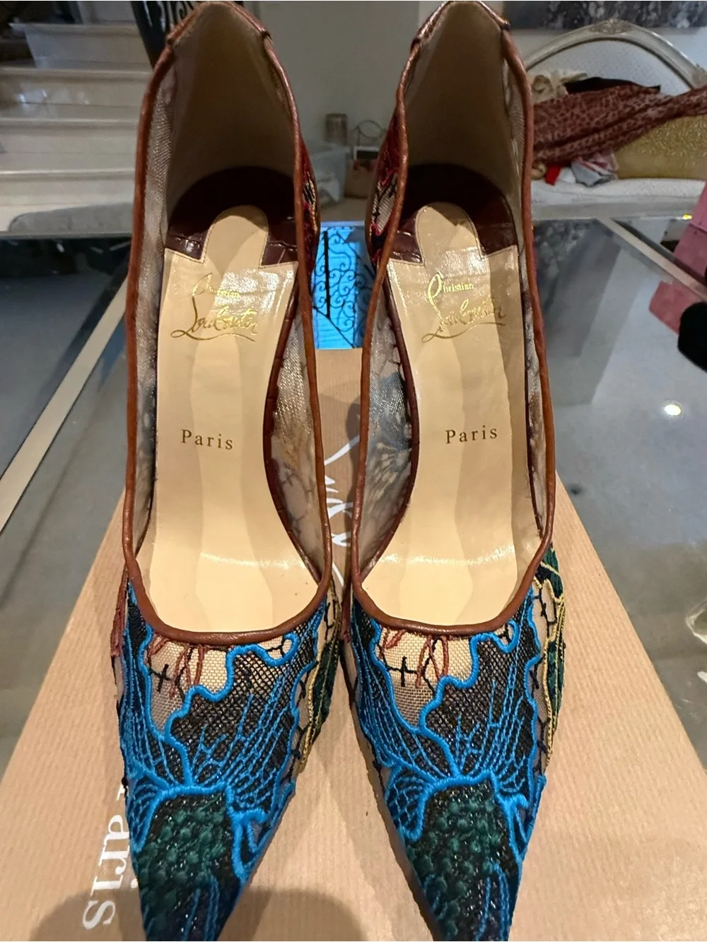 Christian Louboutin Blue and Green Embroidered Pointed Toe Pumps - Picture 4 of 8